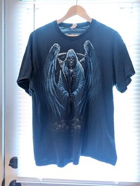 Black Short-Sleeve Tee with Winged Reaper Graphic